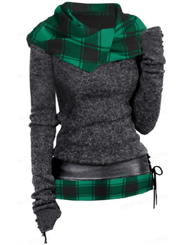 DRESSFO 2024 Women's Knit Hooded Color Block Plaid Shirt Sweatshirt Pullover Sweatshirt Top With Lace-up Belt3