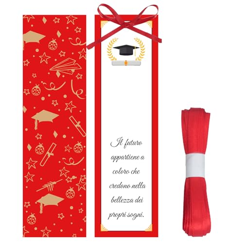 VEGCOO 50 Pz Segnaposto Segnalibri Laurea, Bigliettini Bomboniera Laurea con Nastro Rosso, Laurea Personalizzato Segnaposto Addobbi Laurea, Decorazione Tavolo Laurea Regalo Laurea Gadget Laure