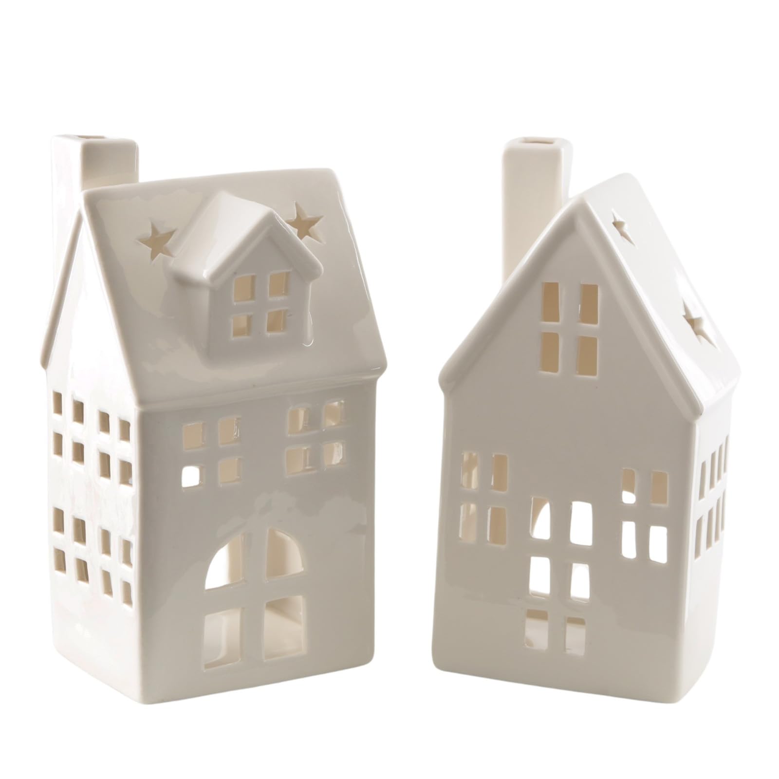 Logbuch-Verlag Lot de 2 photophores en porcelaine blanche 9 x 19 x 7 cm - Décoration de maison hivernale avec étoiles pour Noël et hiver