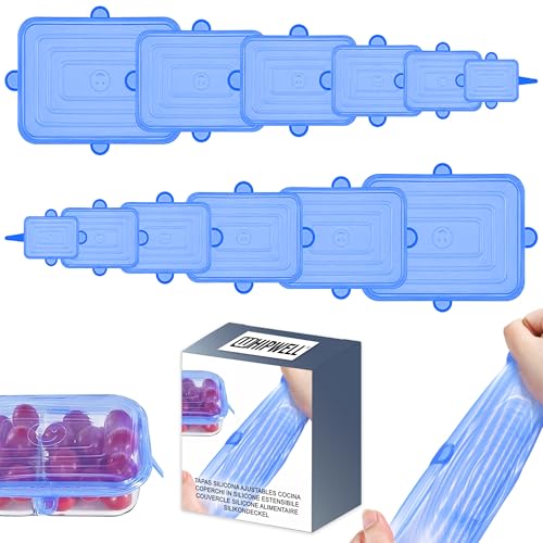 Tapas Silicona Ajustables Cocina 12 piezas diferentes tamaños ajustables Reutilizables Sin BPA Ecologicas Resistentes a Altas y Bajas Temperaturas Apta para Lavavajillas azul