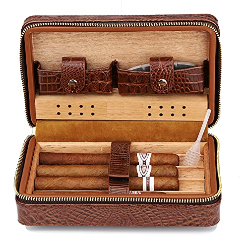M Time C club 4-Finger Cigar Case, Cigar Humidor Portable Travel Crocodile Skin-Style Burgundy Leather Cigar Case Humidifier - Image 3