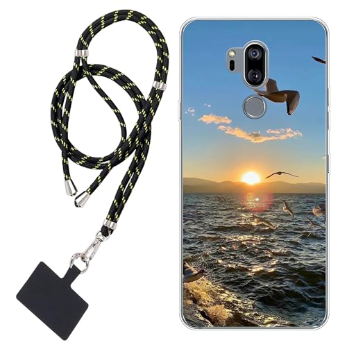 WUACYEAMING Carcasa para Móvil Compatible con LG G7 One Cover Funda Transparente para móvil con Dibujo TPU Gaviota al atardecer1*Cordón para Teléfono Ajustable
