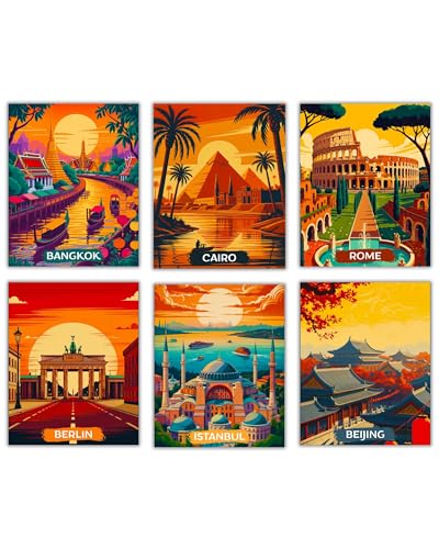 Nilem Design City Travel Posters – Set of 6, 8x10 Inch Unframed Wall Art Prints – Rome, Istanbul, Berlin, Cairo, Bangkok & Beijing – Vintage-Style Decor for Home & Office (City Landmarks)