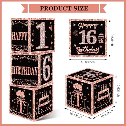 Image of Eiurteao 3pcs 16th Birthday Decorations Boxes for Girls, Rose Gold Happy 16 Birthday Balloons Boxes Party Supplies, Sweet 16 Bday Theme Cardboard Box Decor