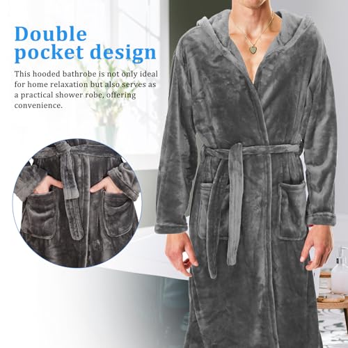Mens Hooded Robe Fuzzy Mens Robe Bathrobe Long Spa Robe with Belt 2 Pockets Soft Warm Knee Length Bathrobe4