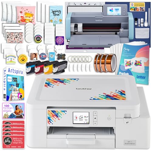 Brother SP-1 Sublimation Printer Bundle with ScanNCut SDX125, Full Ink Set, 160 Sublimation Transfer Sheets, 50 Blanks, Tape and More
