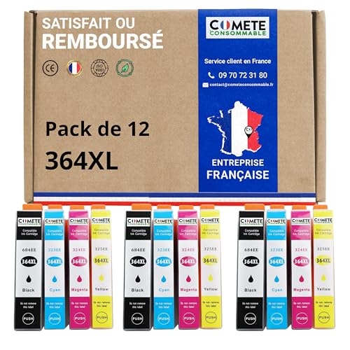 COMETE, Marque Française - 364XL - 12 Cartouches d'encre Compatibles avec HP 364 XL - pour Imprimante HP Photosmart 5520 6520 5525 5522 6510 Deskjet 3520 Officejet 4620 (3 Noir et 9 Couleur)
