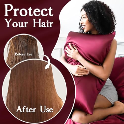Image of Craftelio Satin Pillow Covers Set of 2 with 3 Free Random Color Hair Scrunchies - Anti-Frizz, Skin-Friendly, Soft & Durable Pillowcase Set for All Hair Types (Burgundy)