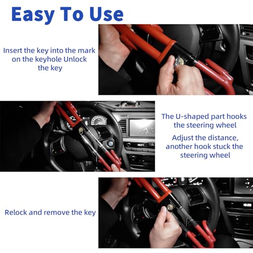 Heavy Duty Steering Wheel Lock,Universal Car Anti Theft Lock, with Twin Bar Hook Steering Wheel Lock,High Security ,Anti-Theft Car Security Device for Car, Van & Caravan with 2 Keys (Red) - Image 6