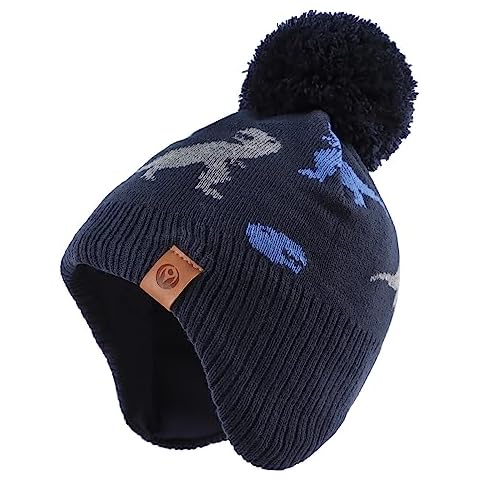 JANGANNSA Knitted Baby Hat Winter Warm Boys Girls Beanie Fleece Lining Toddler Kids Hat with Pompom (Dinosaur Navy Hat, S) Cover