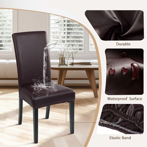 Image of SearchI Waterproof PU Leather Dining Chair Covers, Set of 6, Deep Brown | Stretch, Oilproof, Parsons Chair Slipcovers, Removable Washable, Kitchen Chair Protector for Dining Room, Hotel, Banquet