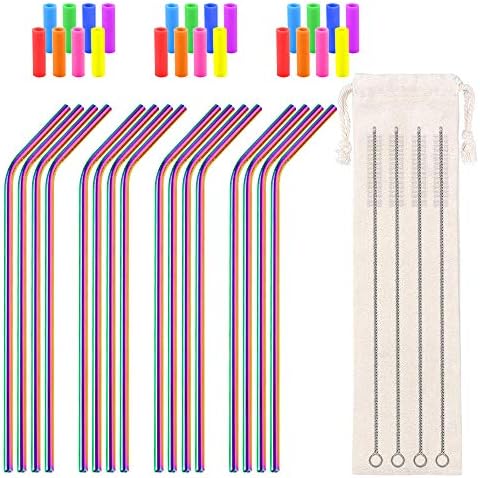 Bent Metal Straws Reusable Curved 10.5inch 6mm for 30 32oz Tumblers, 16pcs Rainbow Stainless Steel Drinking Straws, 24 Silicone Tips, 4 Straw Cleaner Brush, 1 Pouch