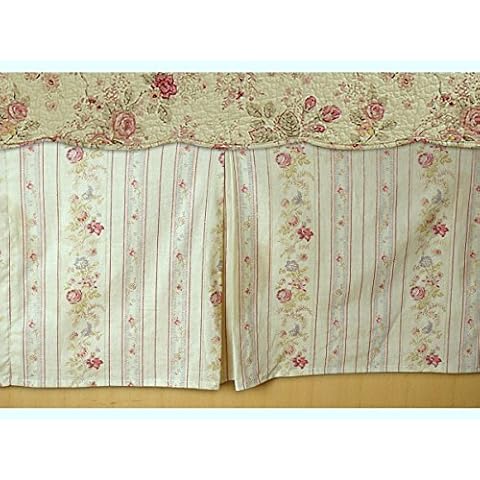 Finely Stitched Cottage Romantic Tailored Bed Skirt 15 inches Drop Floral Roses Print Pattern Cream Yellow 100 Cotton Queen Size Cover