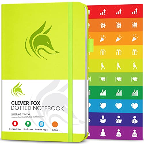 Clever Fox Dotted Notebook – Dot Grid Bullet Numbered Pages Hard Cover Notebook Journal With Thick 120g Paper and Pen Loop, Stickers, 3 Bookmarks, Smooth Faux Leather, 5'' x 8.25'' - Neon Yellow