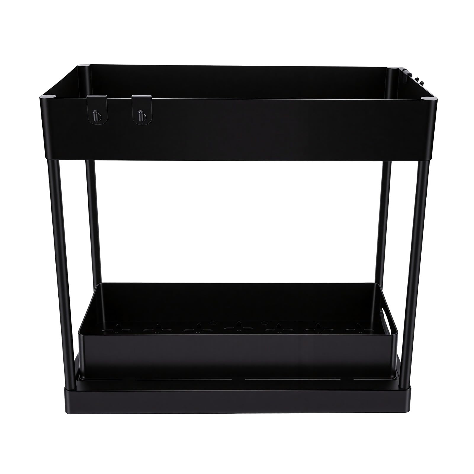 Portaoggetti Sotto il Lavello per e Bagno (Nera) | Organizer Scorrevole con Cassetto Cestello Estraibile con Design di Drenaggio e 4 Ganci per Prodotti per la Pulizia del
