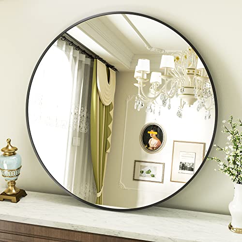 Image of VooBang Round Mirror 23.6 inch Black Wall Mounted Circle Mirrors Vanity Mirror with Aluminum Alloy Frame Modern Decoration for Bathroom, Living Room, Vanity, Bedroom, Entryway