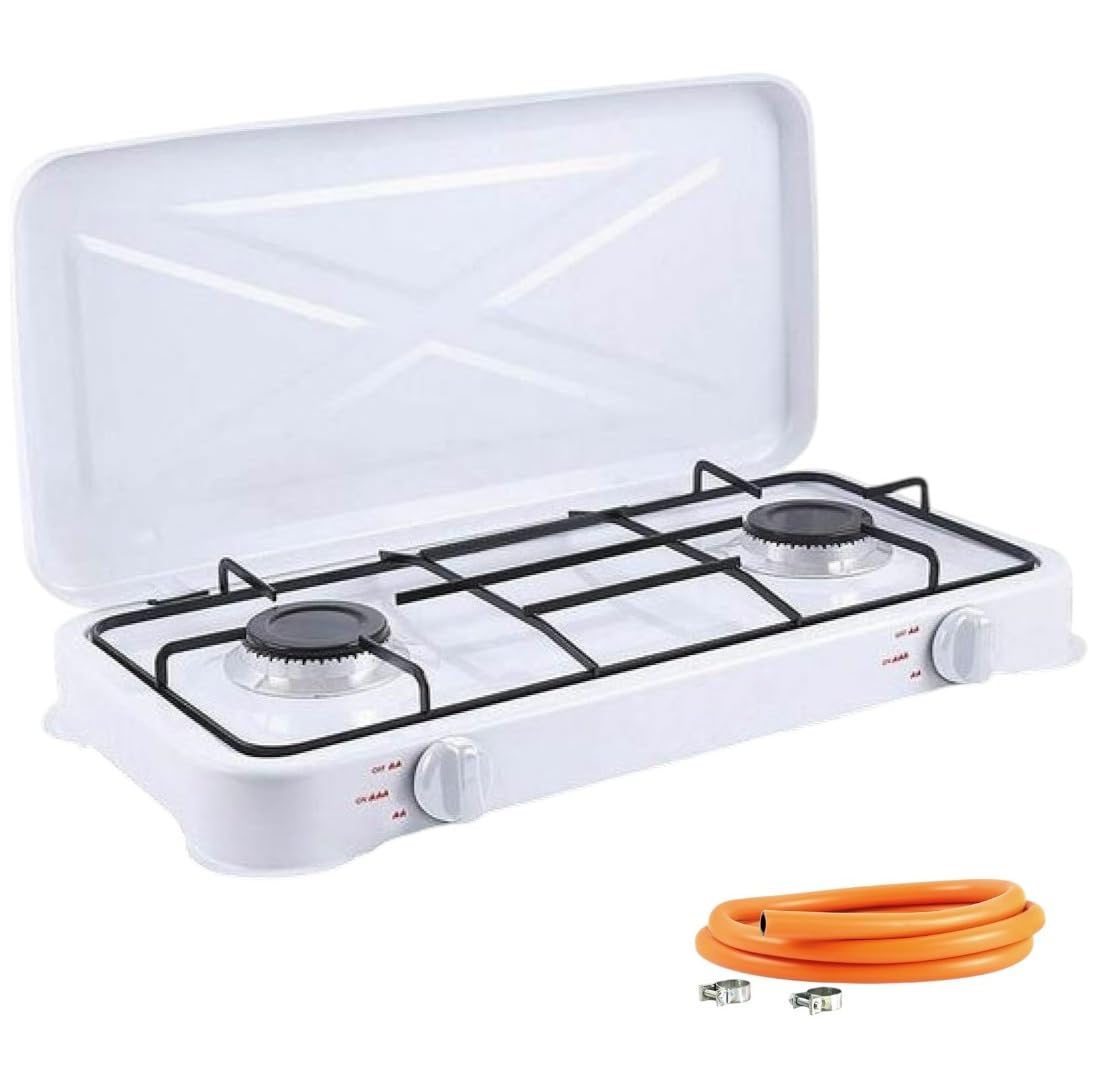 Cocina Hornillo de gas portatil para camping y exterior con 2 quemadores, placa de gas con tapa protectora, manguera de presión para butano incluiddo.