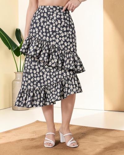 Image of OOMPH! Women Floral Printed Asymmetric Ruffled Midi Skirt | Elegant Flowy Fit | Mid-Rise | Lightweight & Breathable | Flared Hem | Summer Casual Skirt