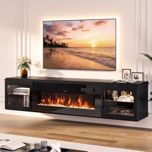 Image of 70 inch Floating TV Stand with Fireplace, High Gloss Finish Wall Mounted Fireplace Entertainment Center with Storage for TVs Up to 80 inch, Black