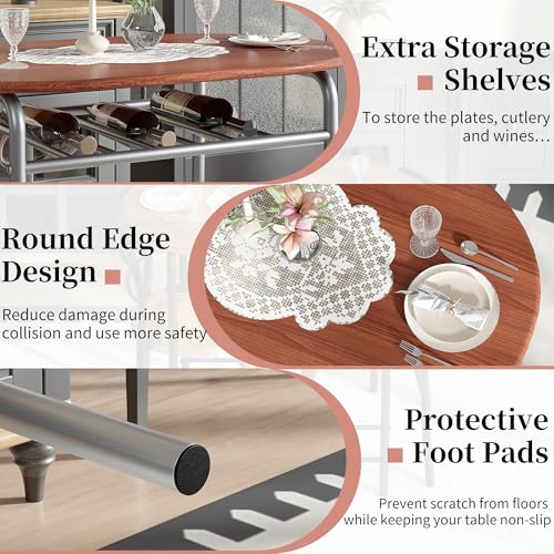 Image of VECELO 3-Piece Dining Table Set for Kitchen Breakfast Nook, Wood Grain Oval Tabletop and Metal Frame with Built-in Wine Rack, for Small Spaces, Brown & Silver