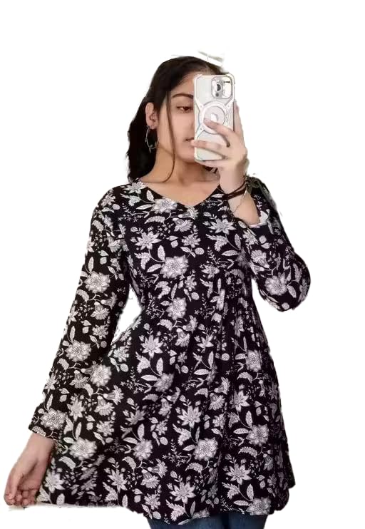Women Short Kurti Rayon Fabric Floral Printed Short Anarkali Kurti | V-Neck, Long Sleeves for Office, Occasion-picture-25