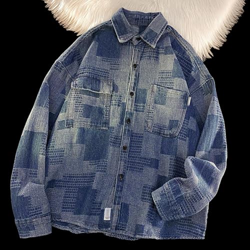 Men's Patchwork Lapel Jean Outerwear Plaid Casual Soft Denim Jacket Printed Loose Fit Cowboy Coats4