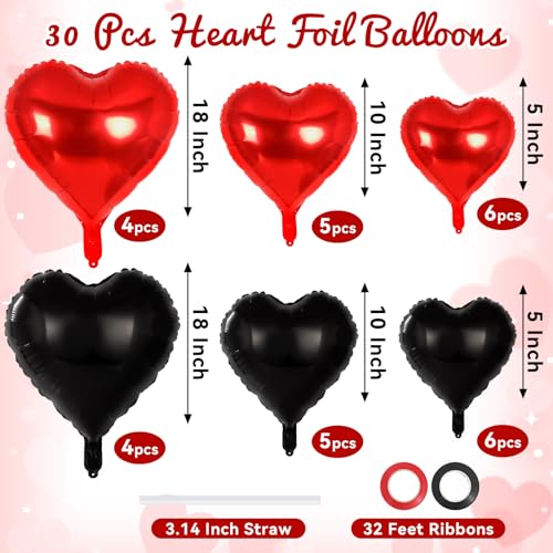 Image of 30 Pcs Red and Black Heart Balloons, 3 Sizes Heart Foil Balloon, Valentine Day Party Decorations, Love Balloon Valentine Balloons for Birthday Party Wedding Baby Shower