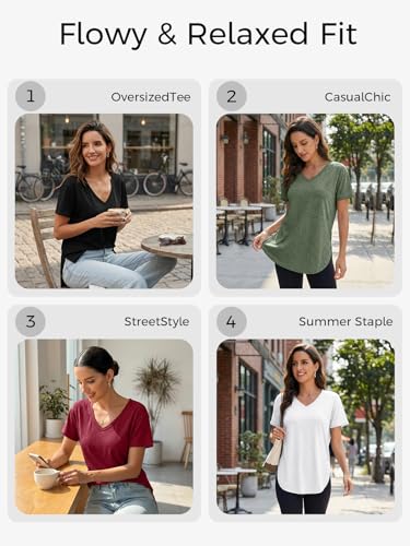 Image of Womens Deep V Neck T Shirts Oversized Side Split Summer Sexy Tunic Tops