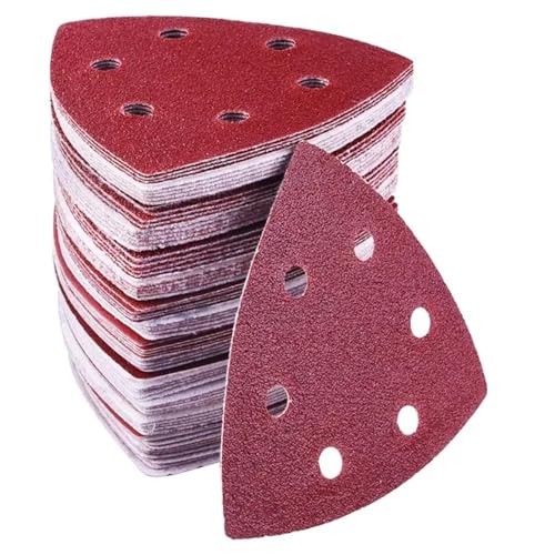 10 Uds hojas de lijado 90 * 90mm papel de lija triangular de 6 agujeros gancho y bucle de óxido de aluminio disco de lijado abrasivo for lijado de madera(80 Grit)