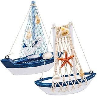 JJQHYC 2 Pieces Sailboat Decor Wooden Boat Maritime Little Boats Ornaments Nautical Sailing Ship Sailing Boat Model for Bathroom Bedroom