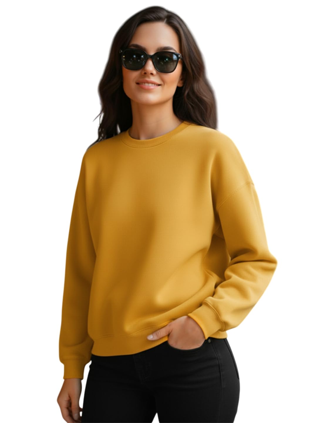 leotude Women's Full Sleeve Round Neck Loopknit Solid Sweatshirt for Women (Color Mustard)-picture-12