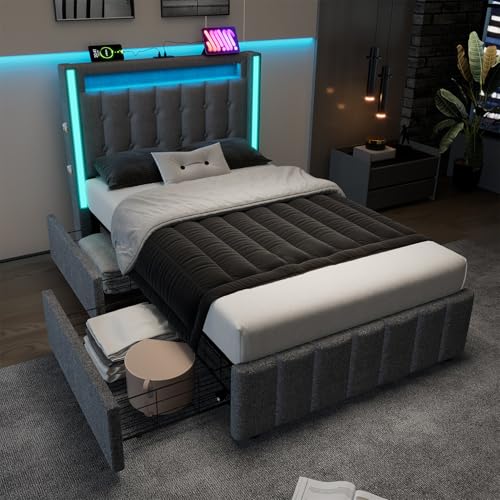 Cama Individual Tapizada Con Función De Carga USB Tipo-C Y Cabecero Con Iluminación LED, Canapés Con 2 Cajones, Estructura De Cama Con Somier De Láminas De Madera, Lino, Sin Colchón,140 * 200cm