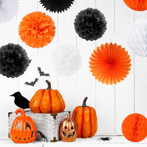 Image of Orange Black Happy-Halloween Party Decorations - 13PCS Spider Web Bats Streamers Banner ,Paper Flowers Lanterns Tissue Pom Poms Fans, Classroom Birthday Bachelorette Hanging Supplies Decor Hugfond