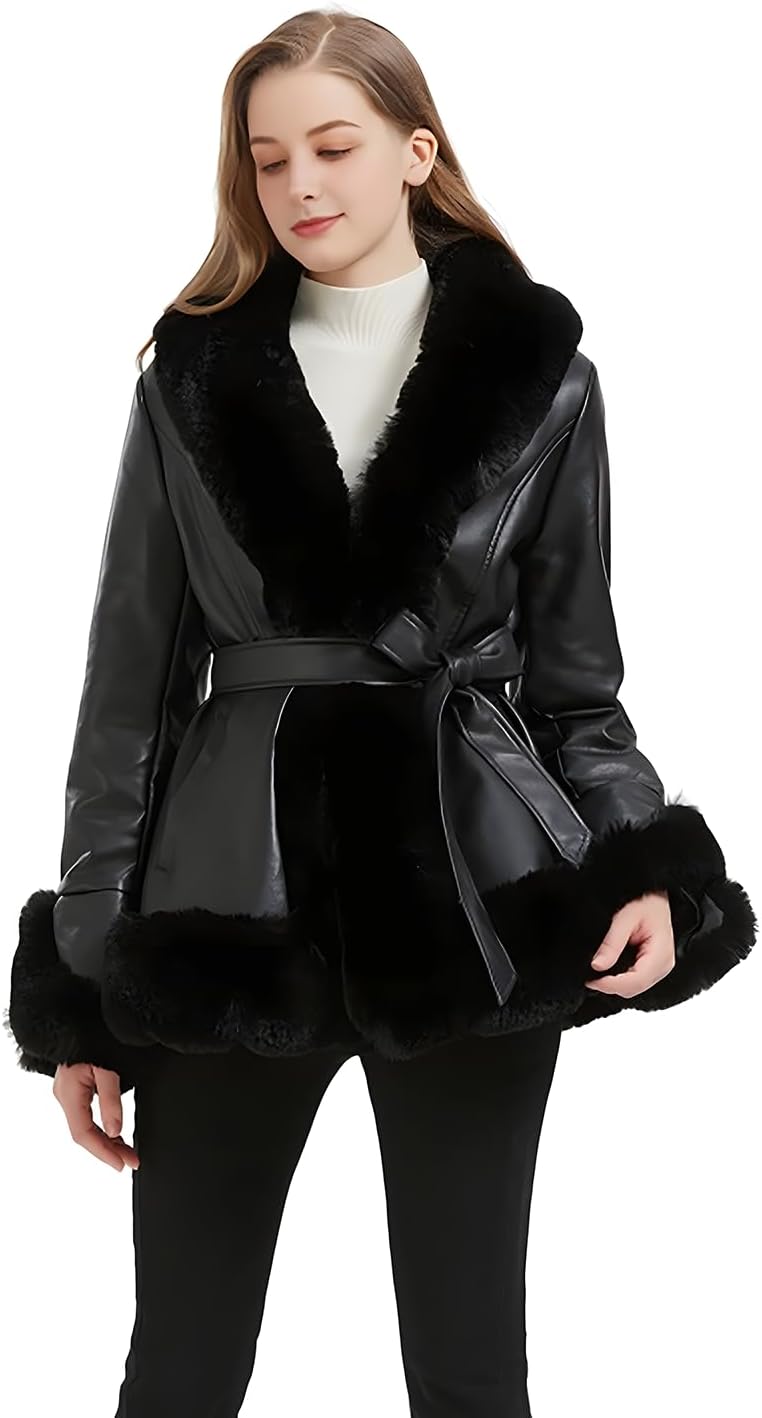GRAN ORIENTE Women's Faux Leather Jacket with Faux Fur Collar, Winter Long Sleeve Furry Trim Peplum Parka Coat with Belt - Image 2