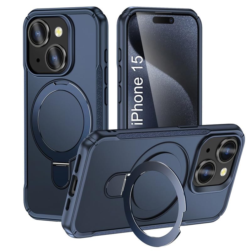 LuxuryKase Shockproof Rugged Back Cover for iPhone 15 | 90° Rotating Ring Kickstand | Mag-Safe Compatible | Wireless Charging Support | Armor Protection Case – Blue