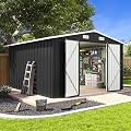 Aoxun 10 x 12FT Outdoor Storage Shed with Double Hinged Large Door Utility Garden Shed with Lockable Door & Sloped Roof Metal Sheds Outdoor Storage for Garden, Backyard, Patio and Backyard, Black