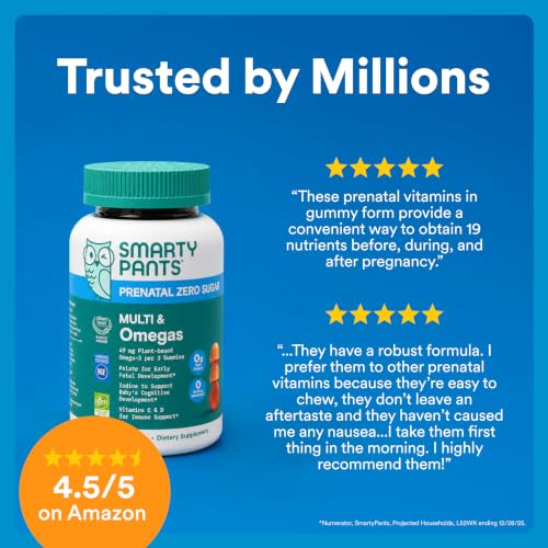 Image of SmartyPants Zero Sugar Prenatal Multi & Omegas Multivitamin Gummies with Omega 3 ALA, Methylfolate, Biotin, Vitamins D3, C, No Sugar Alcohols, Clean Label, Lemon Flavor, 90 Gummies (30 Day Supply)