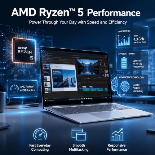 Image of HP OmniBook 3 Laptop, 16 inch Touchscreen FHD+ IPS Display, AMD Ryzen 5 Processor, 8 GB RAM, 512 GB SSD, Windows 11 Pro, AMD Radeon 610M Graphics, Thin & Portable Computer, Glacier Silver, Accessories