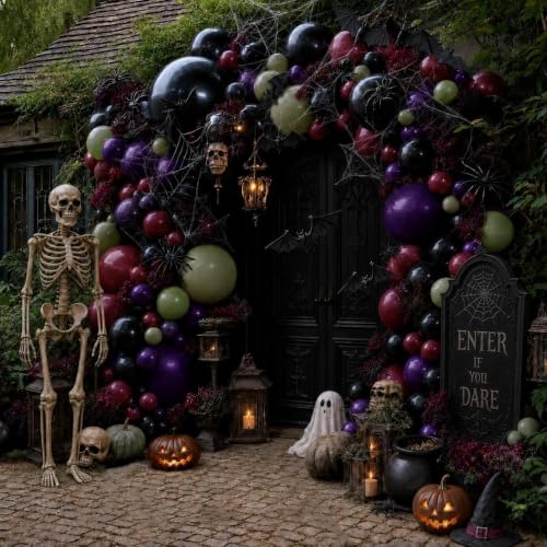 Image of Halloween Balloon Arch Double Stuffed Green Purple Burgundy Black Balloons