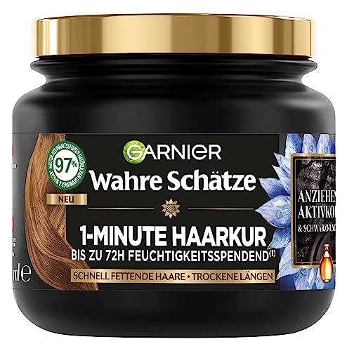Garnier Wahre Schätze Masque capillaire équilibrant au charbon de bois - Pour cuir chevelu gras rapidement et longueurs de cheveux secs - Charbon actif et huile de nigelle - 340 ml