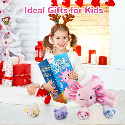 Image of 5 Pieces Axolotl Stuffed Animals with Babies Inside Belly - 1 Mommy Stuffed Axolotl with 4 Babies - Pink Axolotls Plush Toy for Kid Age 3-8, Gift Ideal for Christmas, Valentine's, Birthday