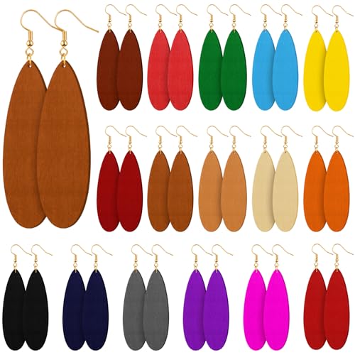 Ecally 16 Pairs Bohemian Wood Earrings Natural Wood Earrings African Jewelry Vintage Teardrop Dangle Eardrop for Women
