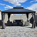 PURPLE LEAF 12' X 14' Hardtop Gazebo Aluminum Permanent Outdoor Gazebo with Galvanized Steel Double Roof for Patio Backyard Curtains and Netting Included Grey