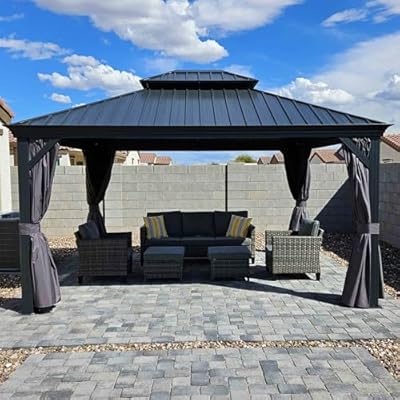 PURPLE LEAF 12' X 14' Hardtop Gazebo Aluminum Permanent Outdoor Gazebo with Galvanized Steel Double Roof for Patio Backyard Curtains and Netting Included Grey