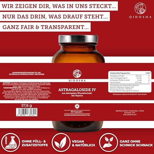 QIDOSHA® Astragaloside IV aus Astragalus-Wurzelextrakt plus Piperin, höchster Astragalosid IV Gehalt, 90 Kapseln im Apothekerglas, deutsche Fertigung, jede Charge laborgeprüft – Bild 4