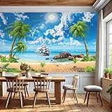 AMUGISH Tropical Beach Paradise Wall Mural – Vibrant Beach Scene Wallpaper with Palm Trees, Ocean View, and Sailing Ship, Unpasted - Ideal for Living Rooms and Bedrooms
