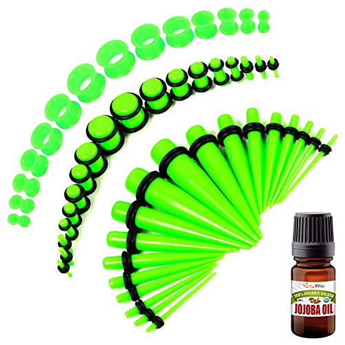 BodyJ4You 50PC Gauges Kit Ear Stretch Aftercare Jojoba Oil Wax 14G-12MM Green Tunnel Plug Taper Set