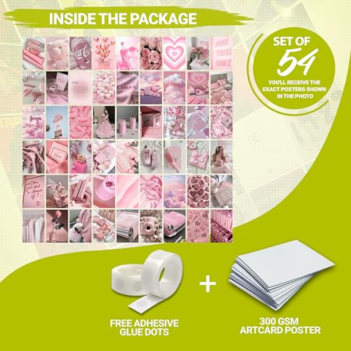 Image of MODERN GALLERY MART Pack of 54 Pink Aesthetic Wall Collage Kit Posters - 4 x 6 Inches Posters for Wall Decoration - Wall Art For Bedroom, Office, Living room, Dorm room - Glue Dots Include