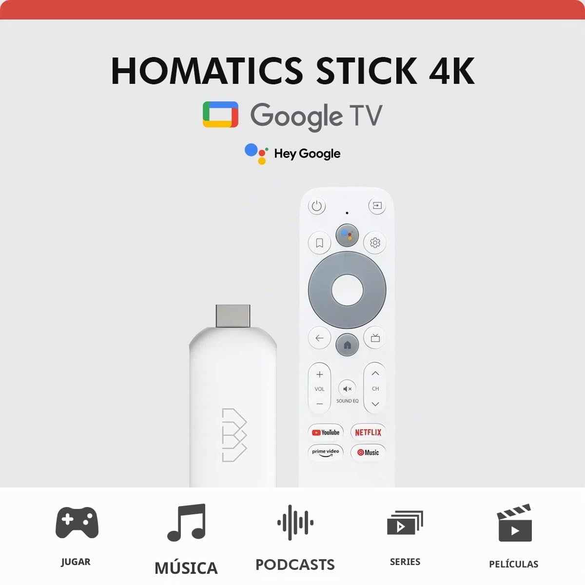 [Prueba MUY BUENA, dígito 1.1 *] Homatics TV Stick 4K UHD | Google TV & Netflix certificado | Android 12 reproductor multimedia Chromecast WiFi IP Stick con control remoto Bluetooth y cable de