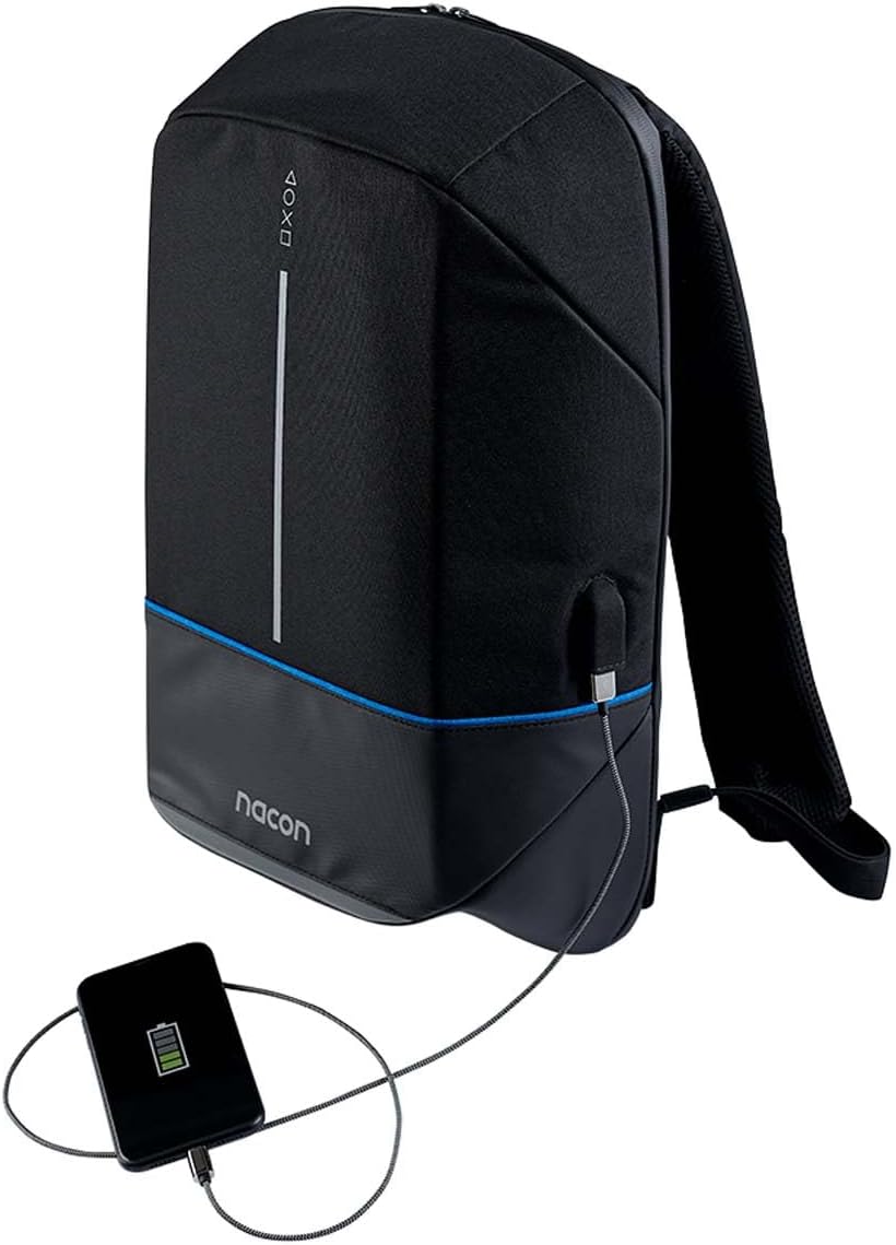Side view of the Nacon S55145063 backpack showing an external USB charging port with a smartphone connected.